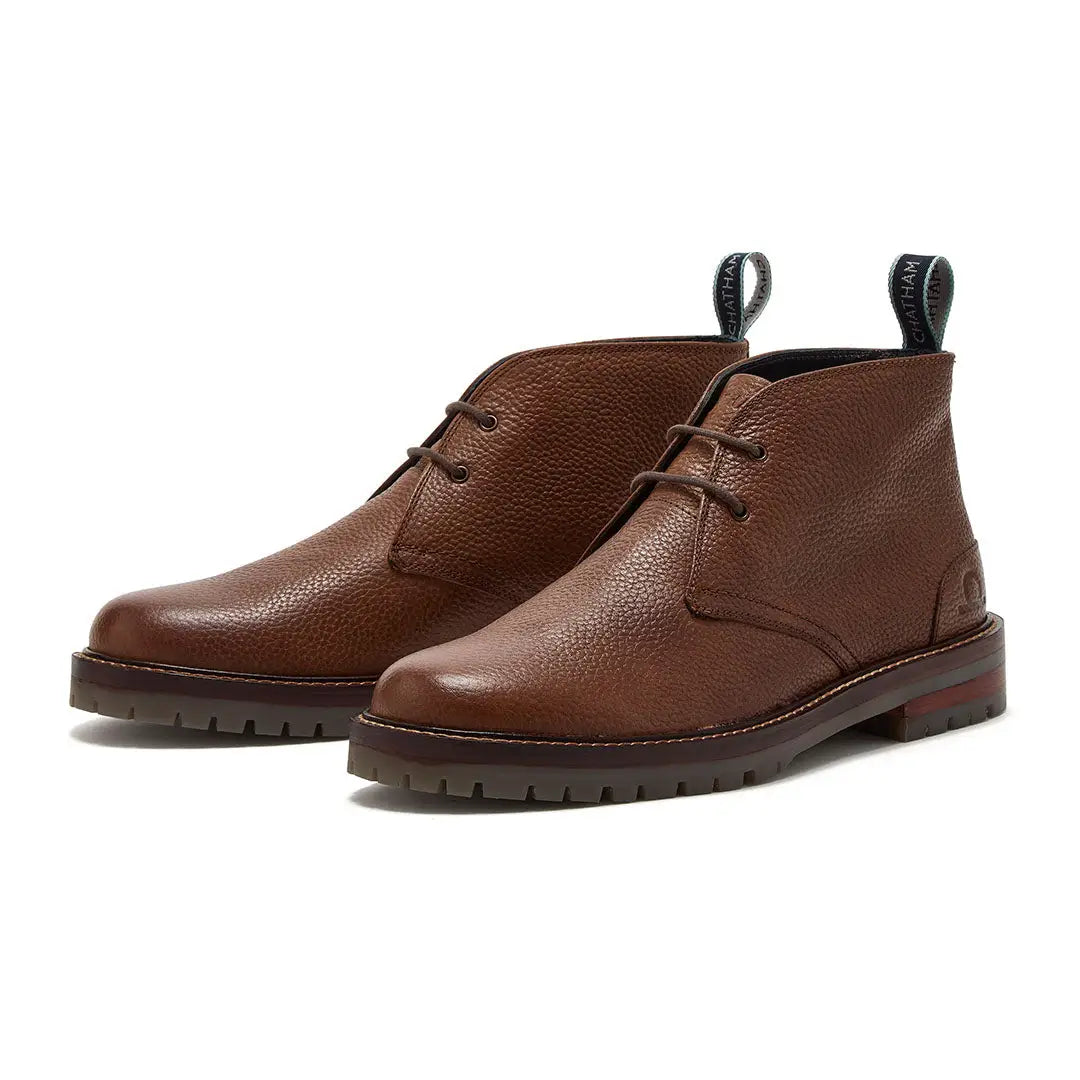 Brown textured leather Chatham Ferndale Chukka Boots with laces and pull tabs