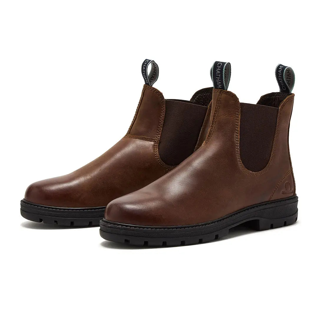 Two pairs of brown leather Chatham Kildale Outdoor Chelsea Boots with black soles