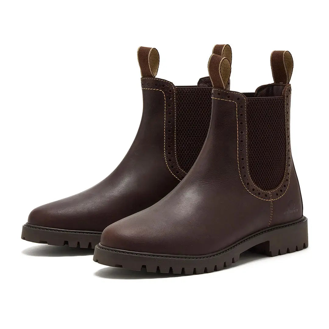 Chatham Moreton Ladies Brogue Chelsea Boots in dark brown leather with lug soles