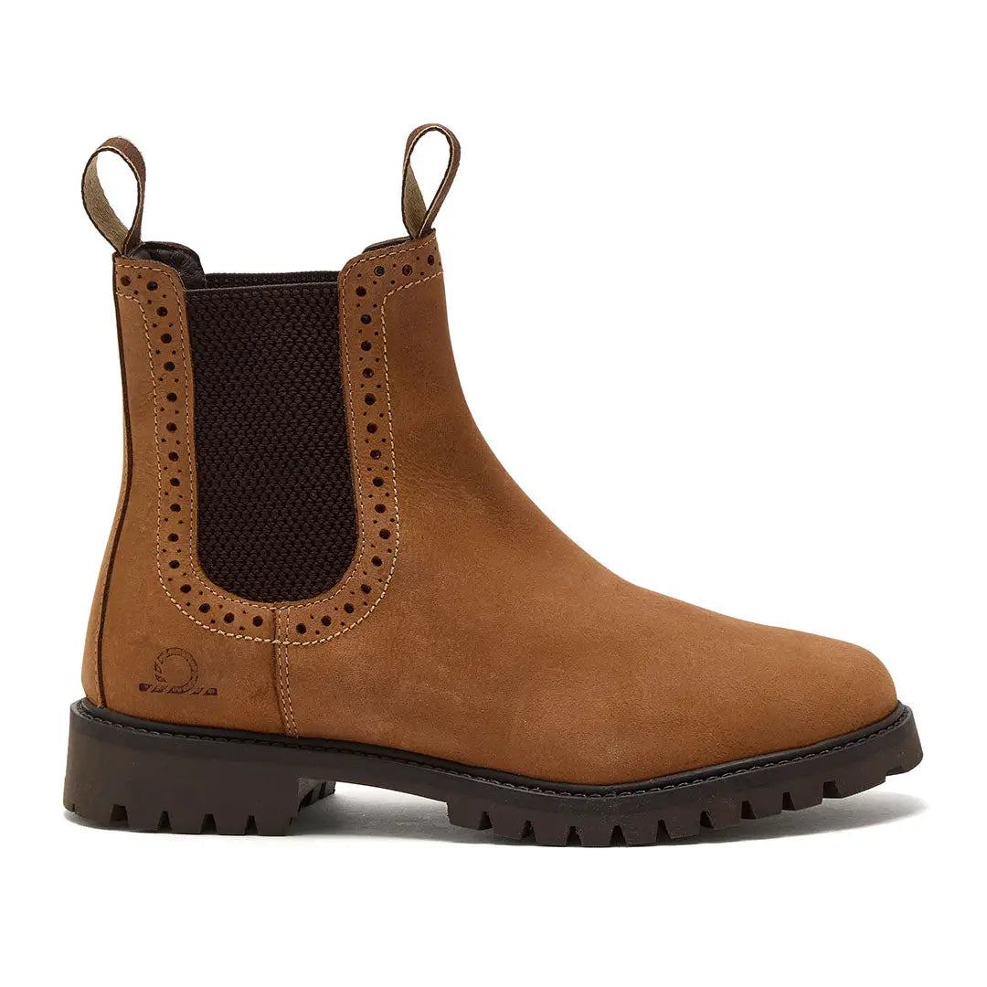 Tan leather Chatham Moreton Ladies Brogue Chelsea Boots with lug sole and stylish detailing