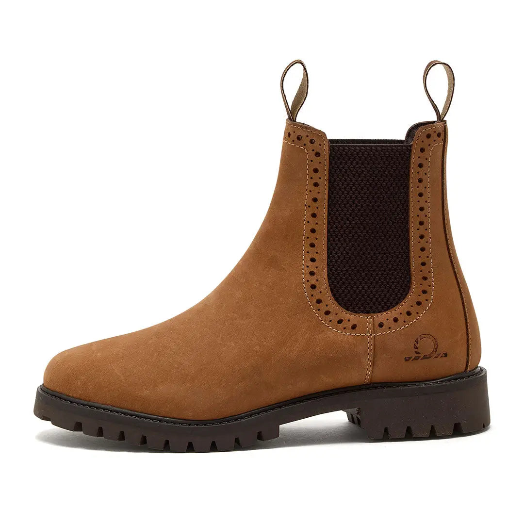 Tan leather Chatham Moreton Ladies Brogue Chelsea Boots with lug sole for stylish comfort