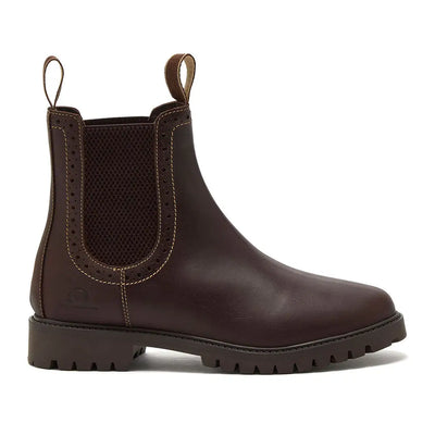 Dark brown Chatham Moreton Ladies Brogue Chelsea Boots with elastic panels and lug sole