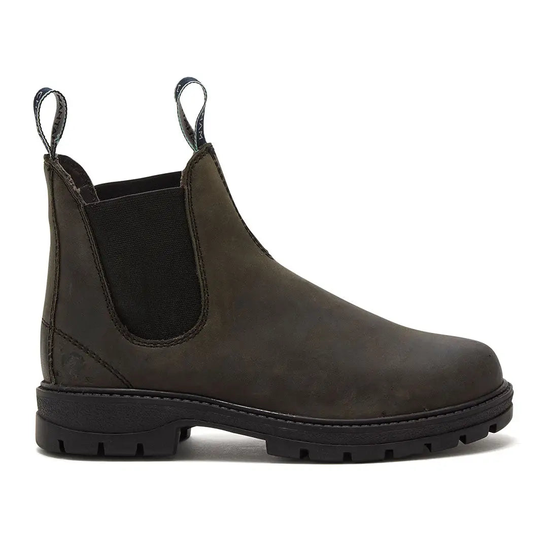Dark brown leather Chelsea boots with black elastic panels and lug soles, Chatham Oasby Ladies outdoor style
