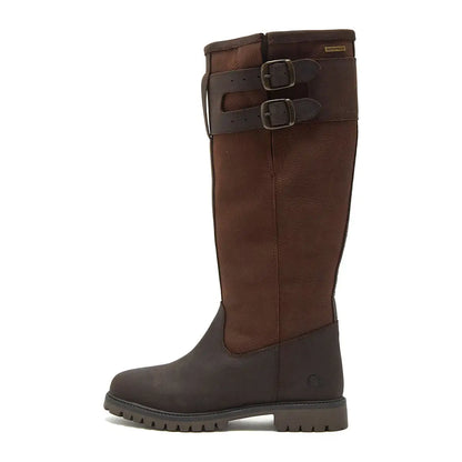 Brown leather knee-high boots with buckles from Chatham Sandown II Ladies Premium Waterproof Leather collection