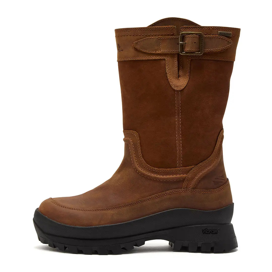 Brown leather Chatham Windsor Ladies waterproof mid-calf boots with buckle strap and lug sole