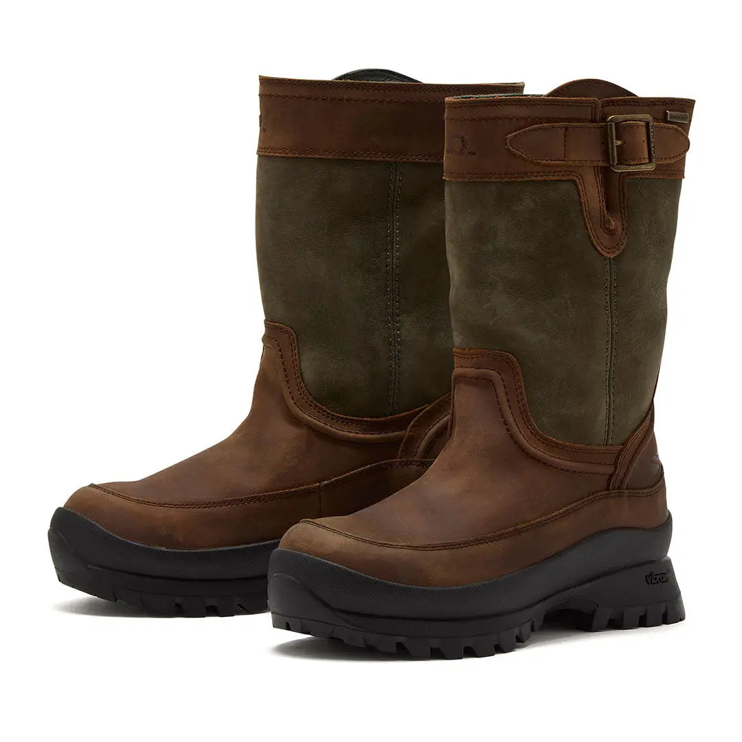 Brown and olive green leather Windsor Ladies Waterproof Mid Calf Boots with thick soles