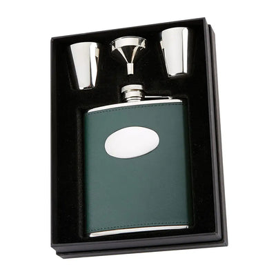 David Nickerson green leather 6oz hip flask set with silver accents