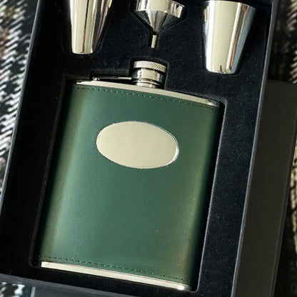 Green leather hip flask with silver accents, David Nickerson country clothing set