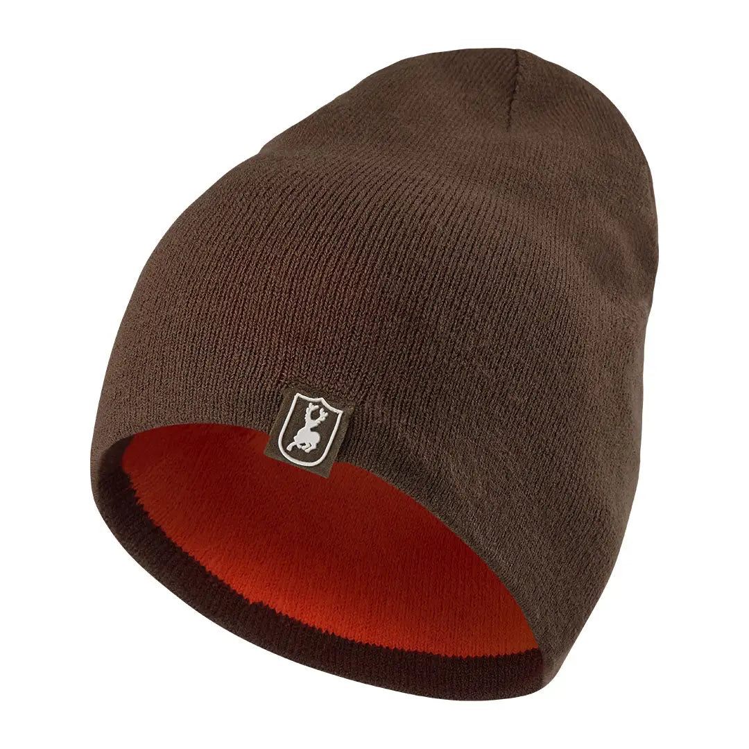 Brown Cumberland Knitted Beanie with cool orange lining, perfect for chilly days