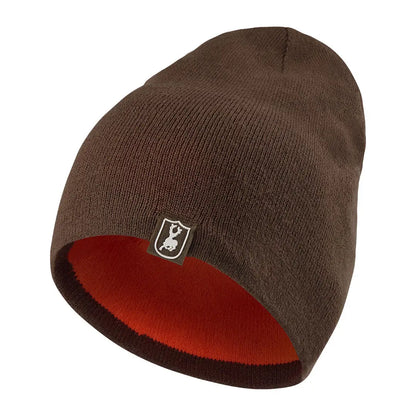 Brown Cumberland Knitted Beanie with cool orange lining, perfect for chilly days