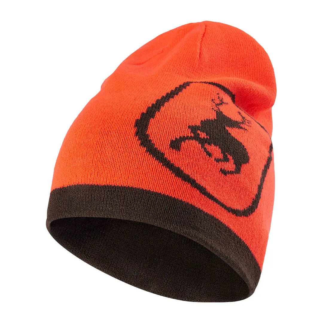 Orange Cumberland Knitted Beanie with dark brown trim and logo, reversible style