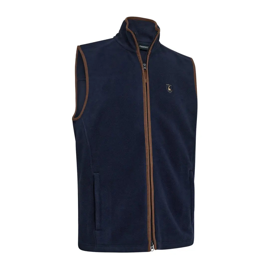 Navy blue Deerhunter Cumbria fleece waistcoat with brown trim for a cozy look