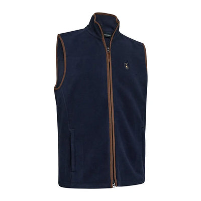 Navy blue Deerhunter Cumbria fleece waistcoat with brown trim for a cozy look