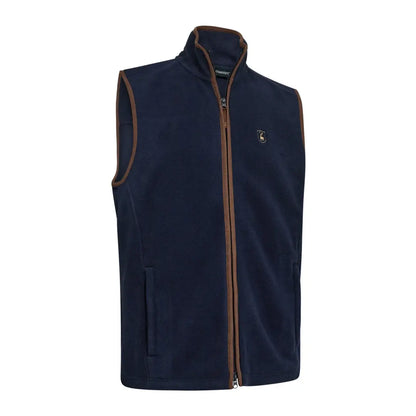 Navy blue Deerhunter Cumbria fleece waistcoat with brown trim for a cozy look