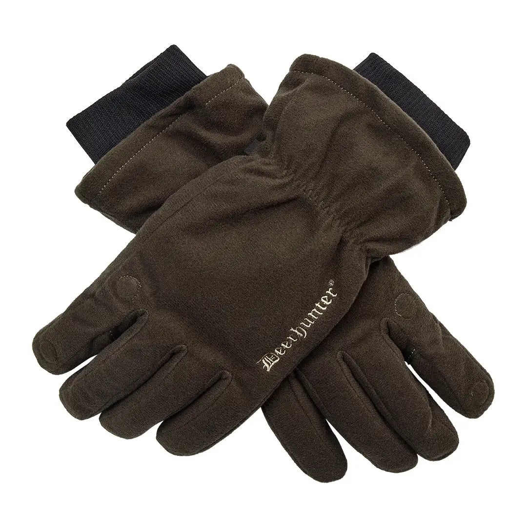 Brown fleece hunting gloves with black cuffs from Deerhunter Game Winter Gloves perfect for country clothing during hunting days
