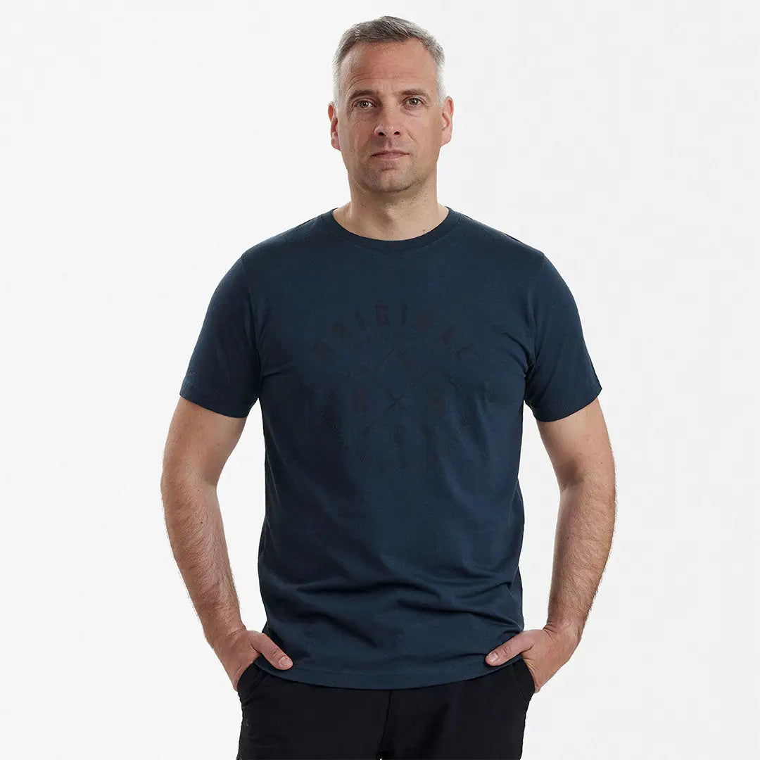 Man wearing Deerhunter Nolan T-shirt in navy, perfect for casual style