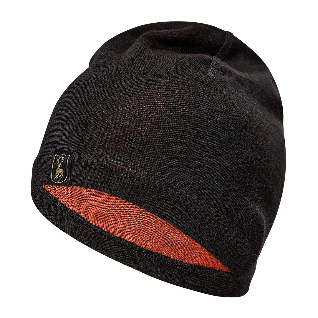 Black beanie with brown trim from the Deerhunter Quinn Merino Beanie collection