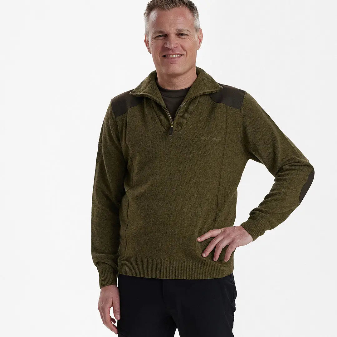 Olive green Deerhunter Sheffield Knit with zip neck quarter-zip sweater