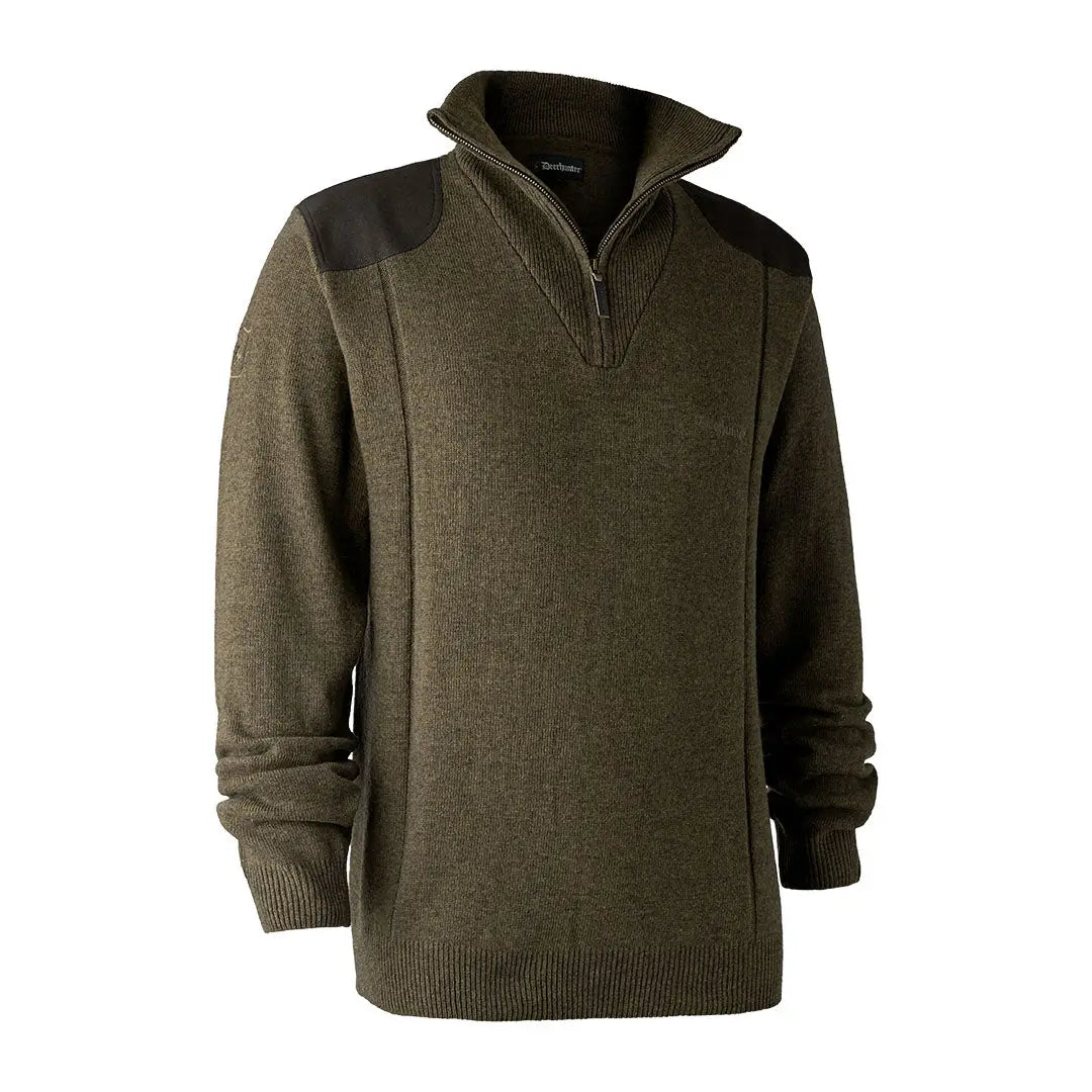 Olive green Deerhunter Sheffield Knit with zip neck and shoulder patches for style