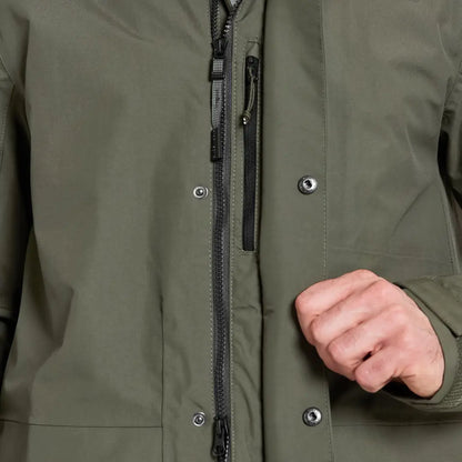 Person in olive green Didriksons Andreas Parka 2 for country clothing outdoors hunting