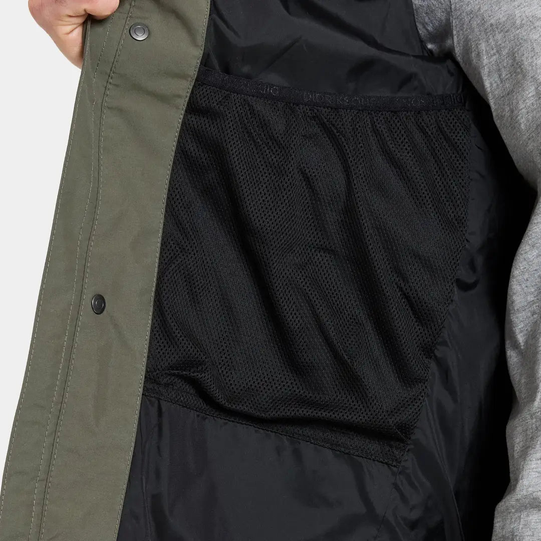 Olive green Didriksons Andreas Parka 2 with black mesh pocket, perfect for outdoors and country clothing