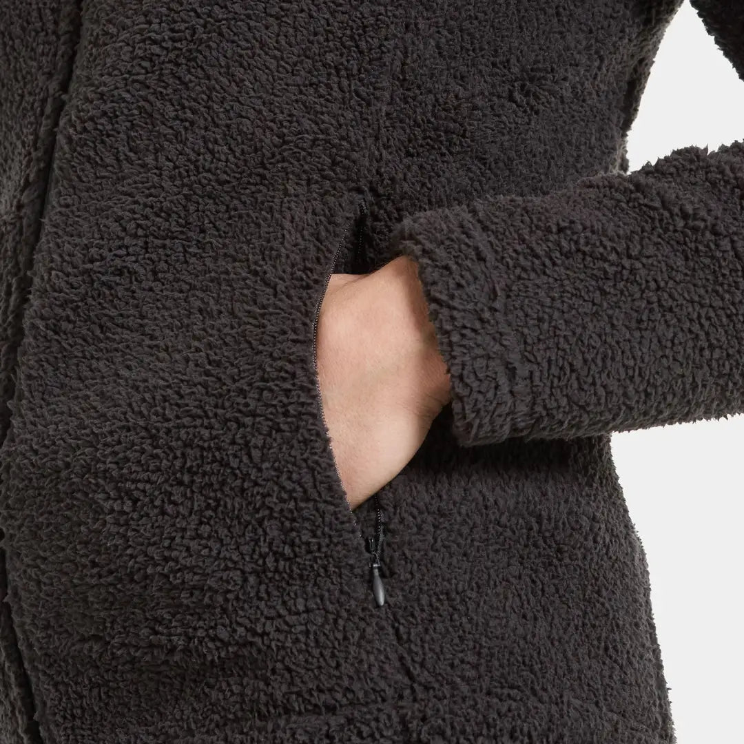 Dark fuzzy fleece jacket with pocket, perfect for country clothing and outdoor adventures