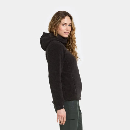 Woman in a black fleece hooded jacket, perfect for outdoors, hunting, or country clothing