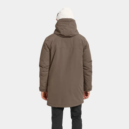 Person in Didriksons Drew Parka with brown hooded parka and white beanie for chilly days