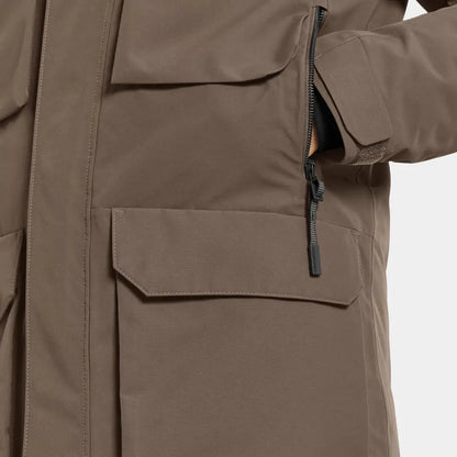 Close-up of Didriksons Drew Parka in brown with pockets, perfect for chilly days country clothing
