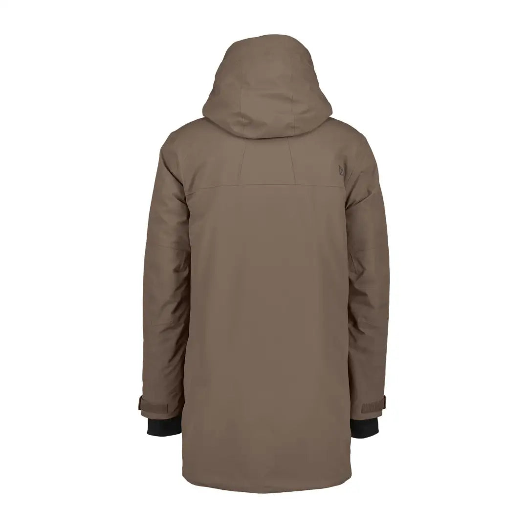 Taupe Didriksons Drew Parka with hood and black cuffs, perfect for chilly days country clothing