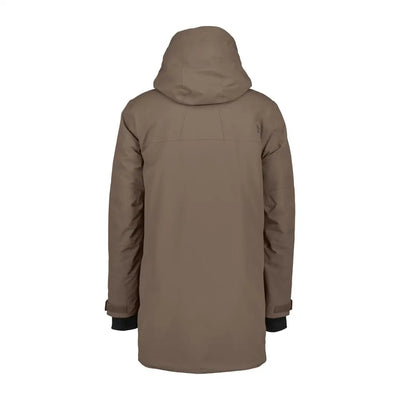 Taupe Didriksons Drew Parka with hood and black cuffs, perfect for chilly days country clothing