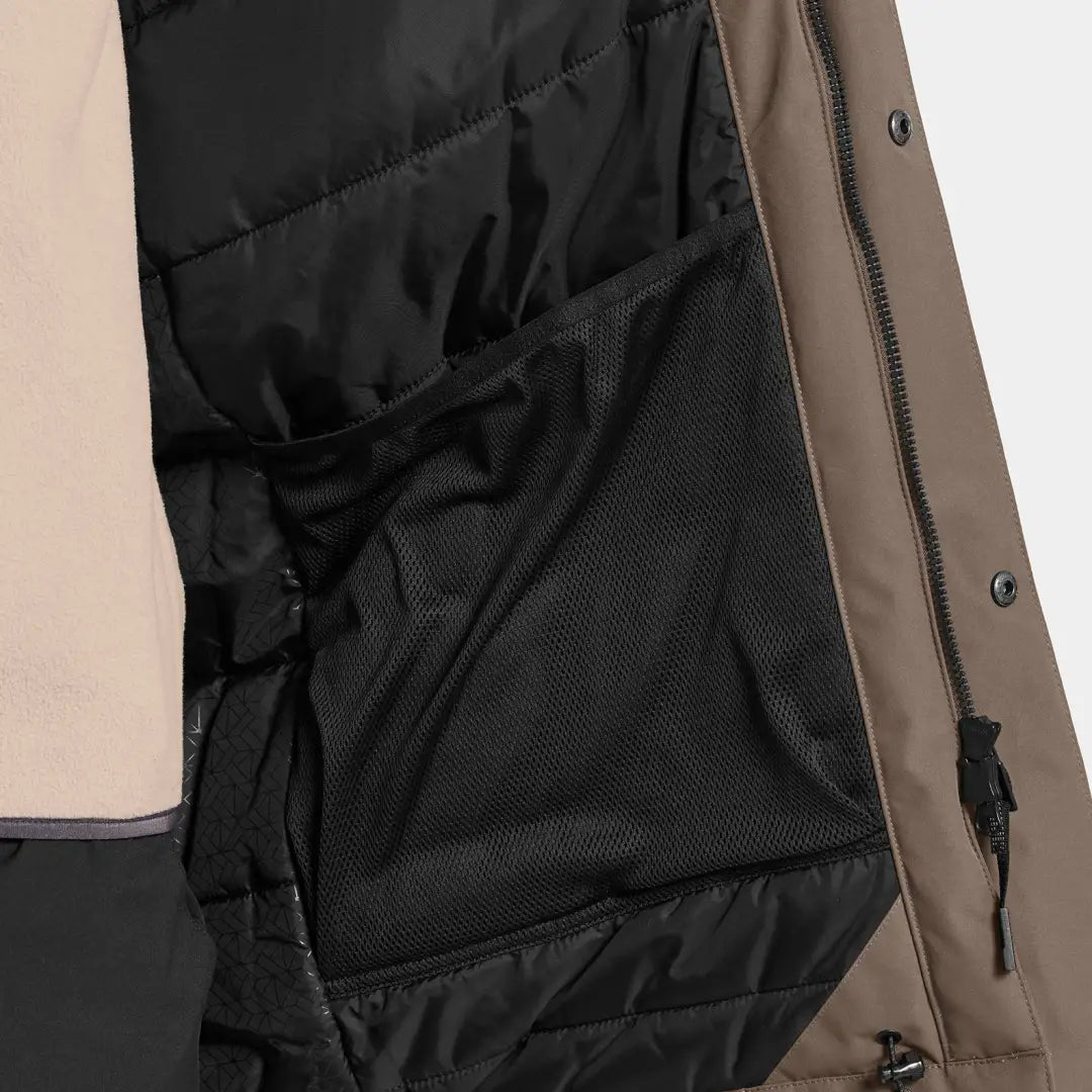 Inside view of Didriksons Drew Parka showing brown jacket with black quilted lining for chilly days