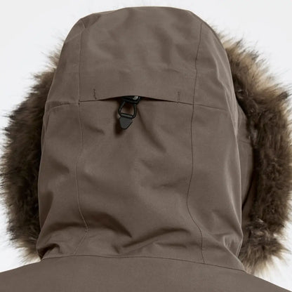 Back of a brown Didriksons Erika Womens Parka 3 with fur trim hood, classic Didriksons parka