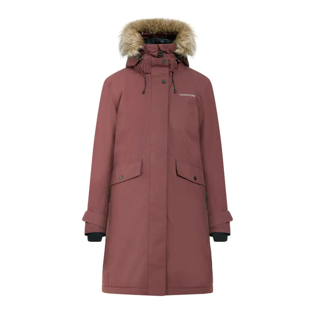 Rose-colored classic Didriksons parka with fur-lined hood for women in Didriksons Erika 3