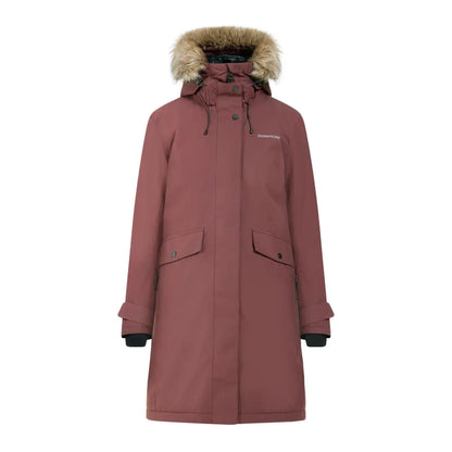 Rose-colored classic Didriksons parka with fur-lined hood for women in Didriksons Erika 3