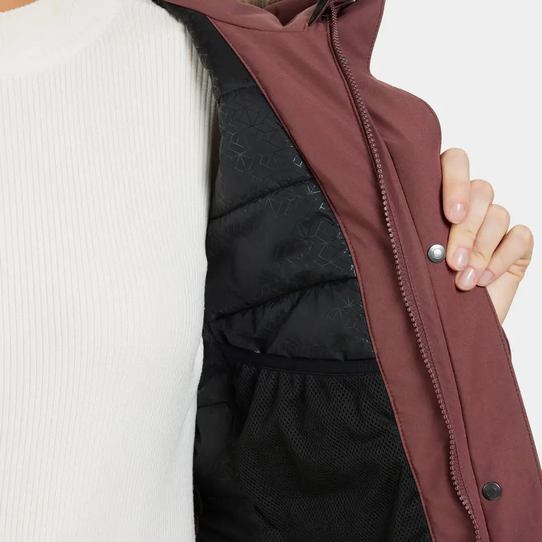 Interior view of burgundy Didriksons Erika Womens Parka with black mesh pocket