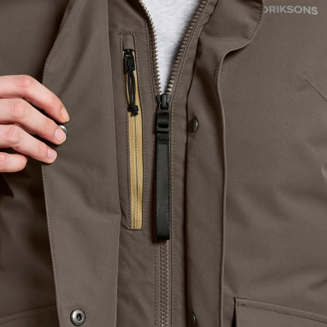 Close-up of hand unbuttoning Didriksons Erika Womens Parka showing classic Didriksons style