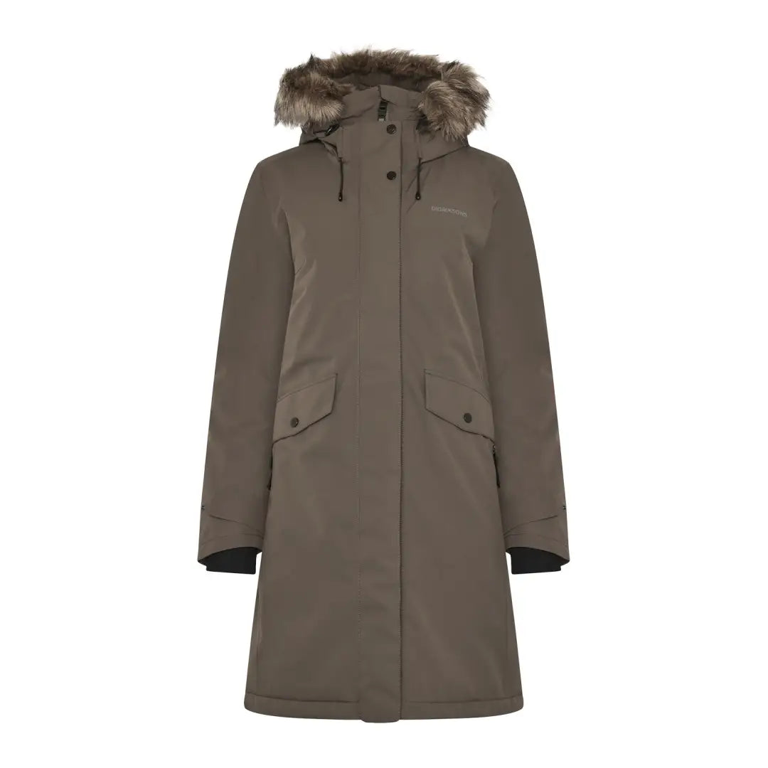Olive-green Didriksons Erika Womens Parka with fur-trim hood and front pockets