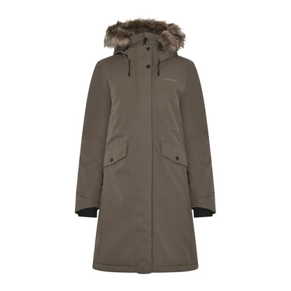 Olive-green Didriksons Erika Womens Parka with fur-trim hood and front pockets