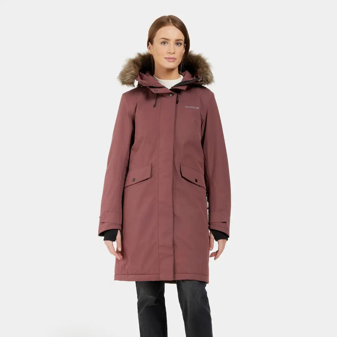 Dusty rose Didriksons Erika Womens Parka with fur-lined hood, a classic Didriksons parka style