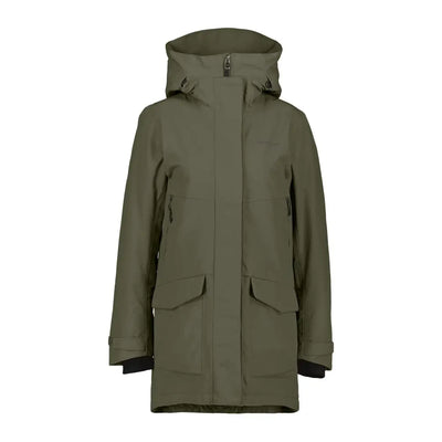 Olive green waterproof hooded sporty mid-length parka for women in Didriksons Frida