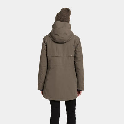 Woman wearing Didriksons Frida Womens Parka, a sporty mid-length parka with hood