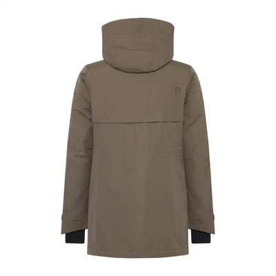 Brown hooded sporty mid-length parka with black cuffs from Didriksons Frida Womens Parka 7