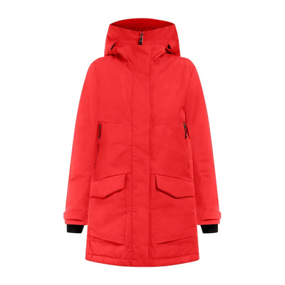 Bright red Didriksons Frida Womens Parka, sporty mid-length parka with pockets and black cuffs
