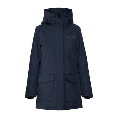 Navy blue waterproof sporty mid-length parka with hood and four front pockets