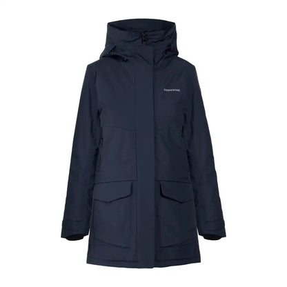 Navy blue waterproof sporty mid-length parka with hood and four front pockets