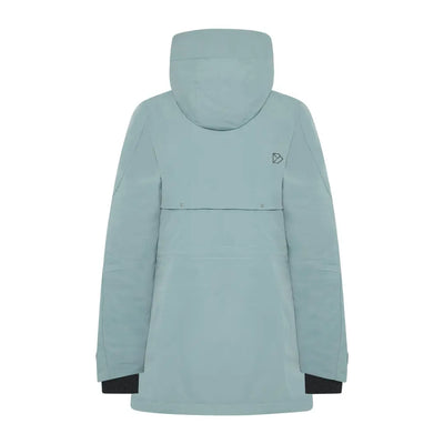 Light blue sporty mid-length parka with hood and black cuffs for women in Didriksons Frida