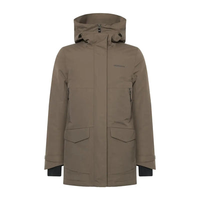Olive green Didriksons Frida Womens Parka, sporty mid-length winter coat with pockets