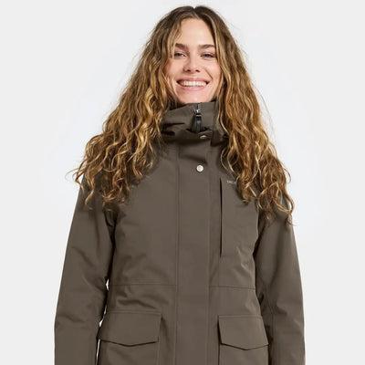Women’s olive green waterproof Didriksons Harriet parka perfect for country clothing and hunting