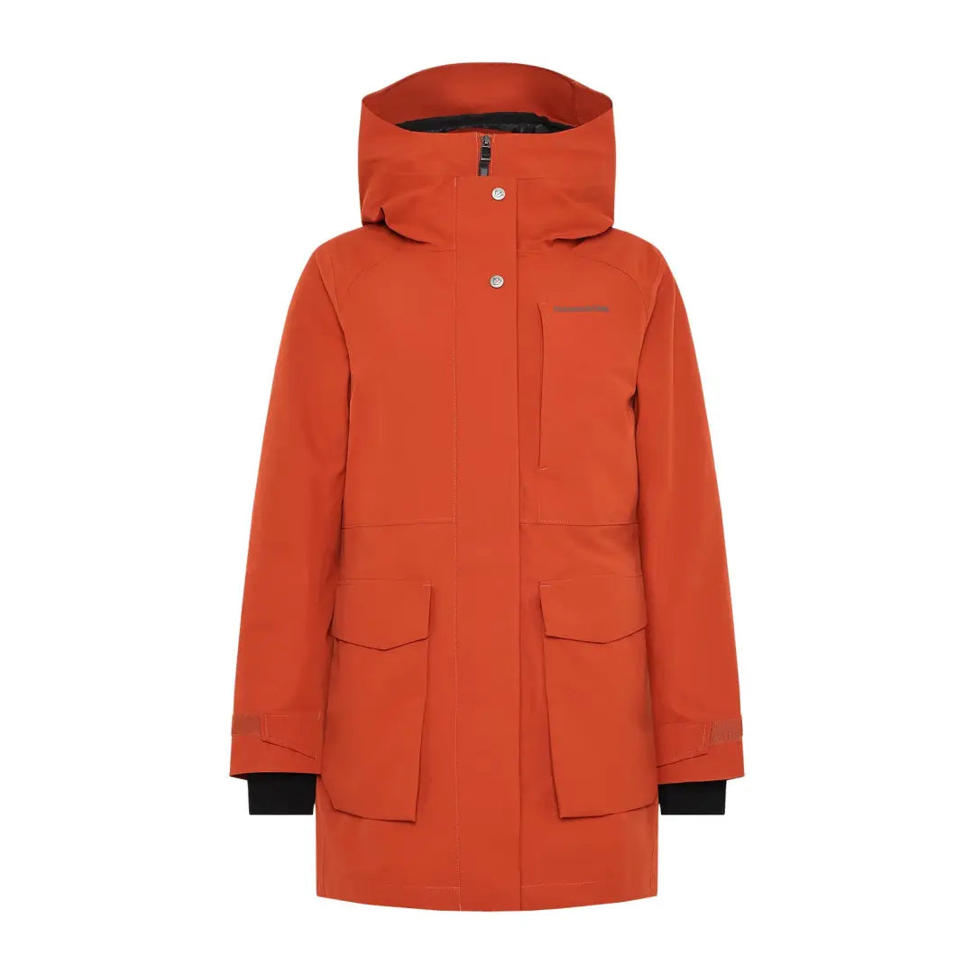 Didriksons Harriet womens parka in orange with large pockets, perfect for country clothing and hunting